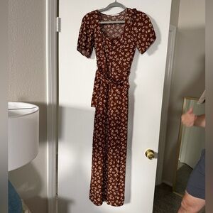 Mango Brown Floral Maxi Dress with Cream Print and Waist Tie